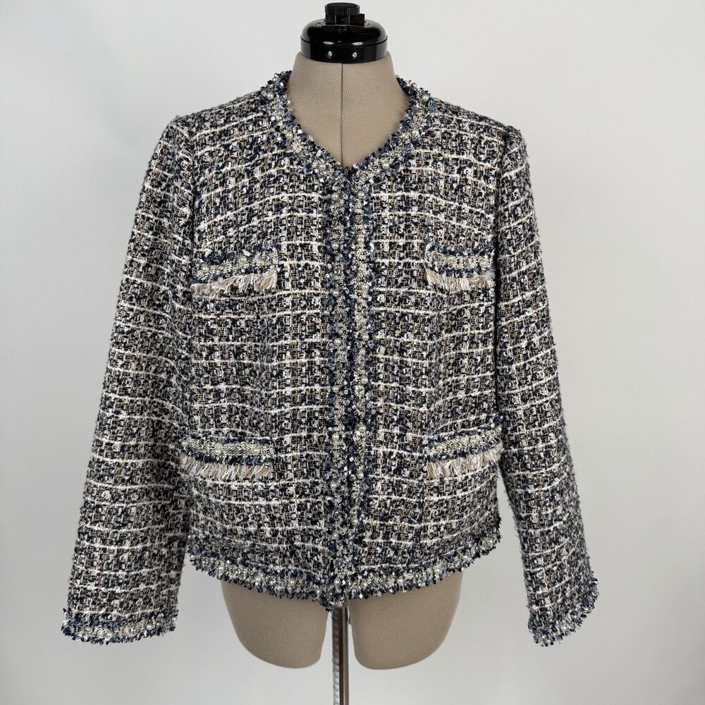 Stella + Lorenzo Navy Tweed Blazer Large Jacket Pearl Rhinestone Trim Old Money